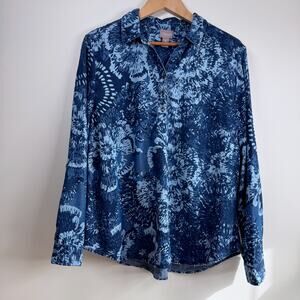 Chico's Floral Blouse Top Chambray Denim Navy Blue Size 3 / XL Henley Tunic